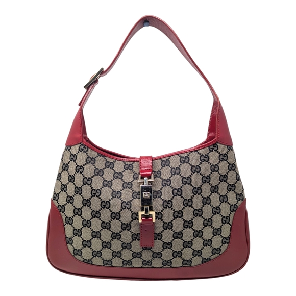 Vintage Gucci Jackie 1961 Hobo Shoulder Bag GG Monogram Canvas Red Navy Leather - Picture 1 of 12